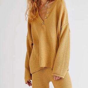 Free People Beach Hailee Yellow Waffle Knit Oversized Sweater Size XS